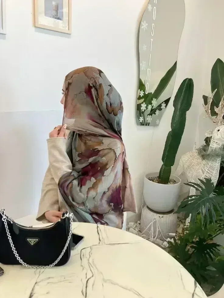 Brushstroke Bloom Hijab - Watercolor Print Breathable Scarf