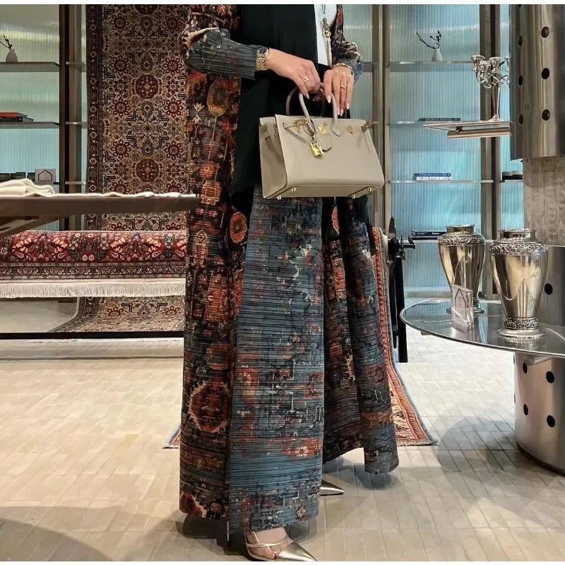 Pleated Muslim Abaya Long Sleeve Folded Neck Plus Size Designer Model Trench Coat Robe 2024 Autumn Winter New
