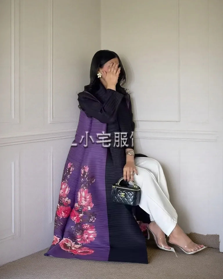 Women's Fold Miyake Pleated Abaya Long Sleeve Print Foldable Collar Robe Cardigan Coat New Winter Fashion Original Design 2024
