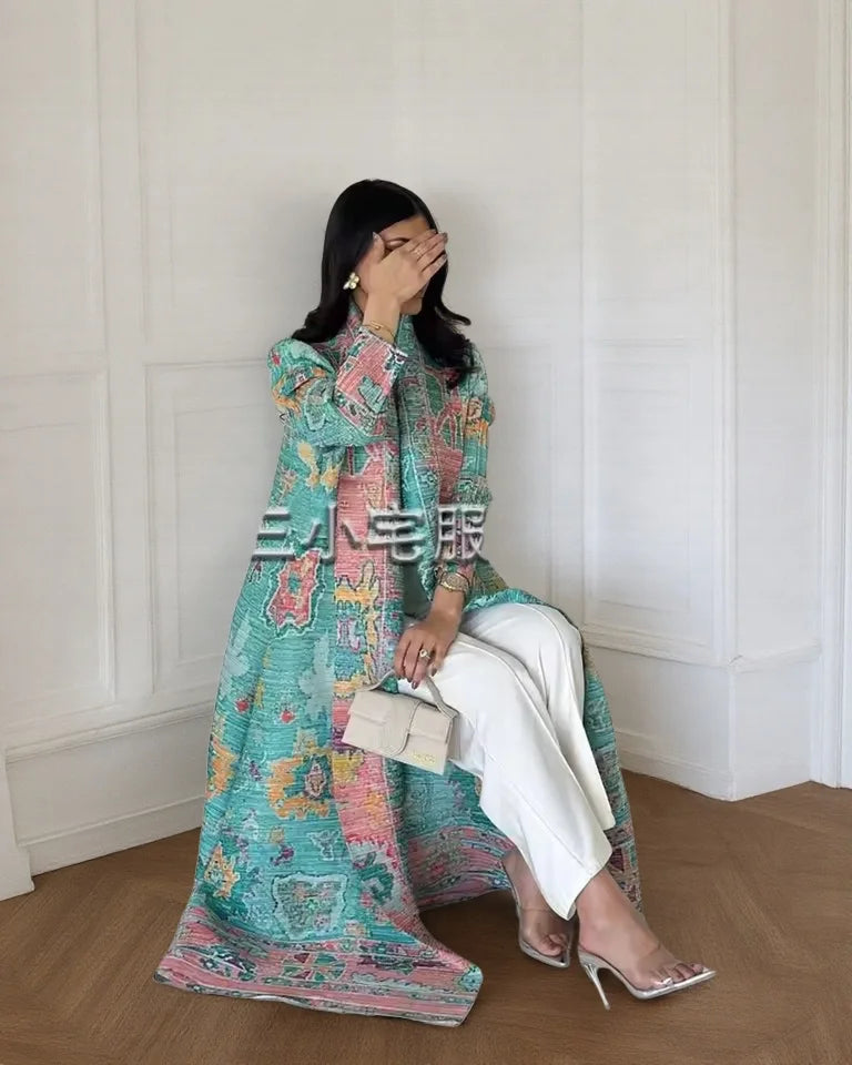 Women's Fold Miyake Pleated Abaya Long Sleeve Print Foldable Collar Robe Cardigan Coat New Winter Fashion Original Design 2024