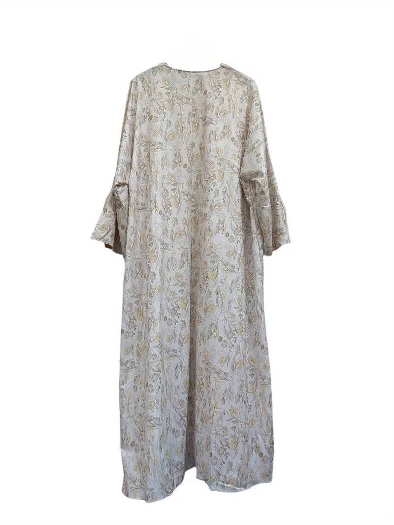 Middle Eastern Printed Floral Open Front Abaya Muslim Full Sleeve Loose Abayas Elegant Kaftan Women Jilbabs Islamic Maxi Dresses