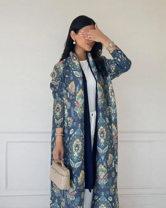 Women's Fold Miyake Pleated Abaya Long Sleeve Print Foldable Collar Robe Cardigan Coat New Winter Fashion Original Design 2024