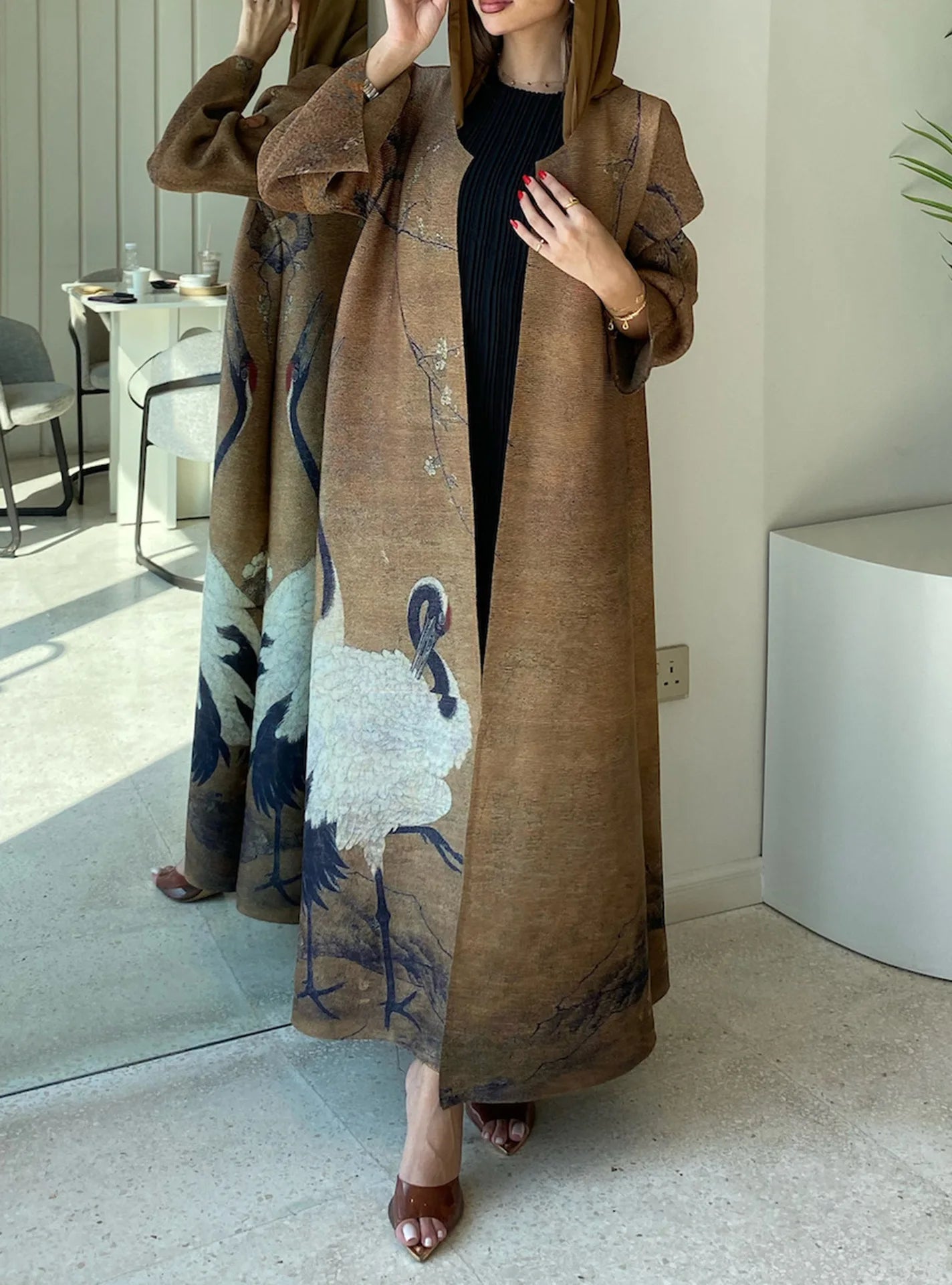 Women's Fold Miyake Pleated Abaya Long Sleeve Print Foldable Collar Robe Cardigan Coat New Winter Fashion Original Design 2024