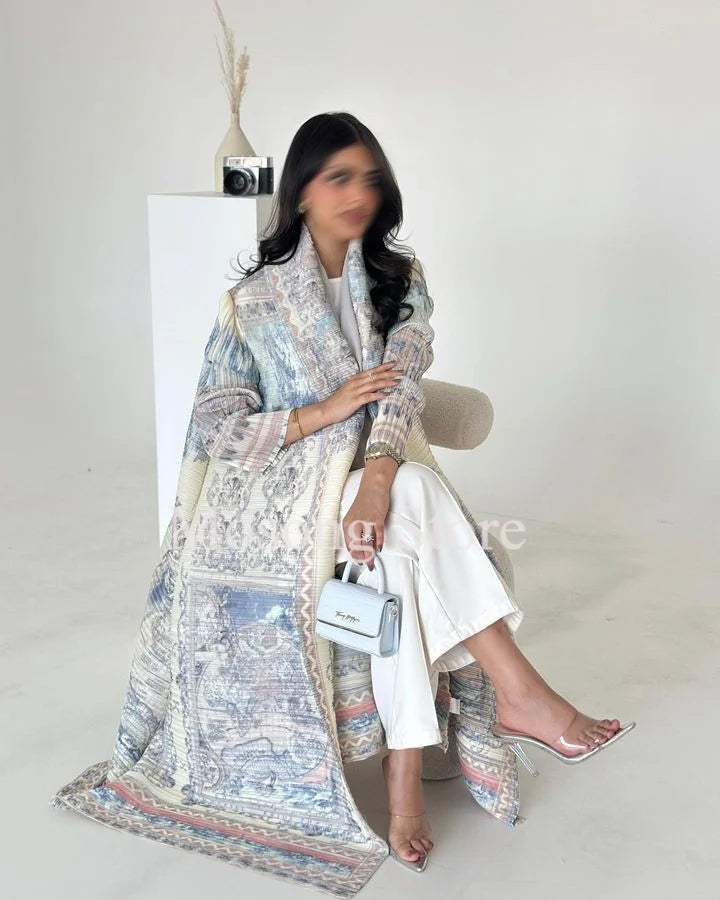 2025New ababa Miyake Pleated Vintage Printed Turn-down Collar Long Sleeve Long Jacket Women Designer Dubai Fashion