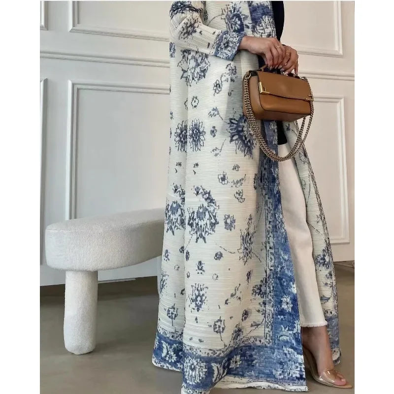 Fashion Saudi Women's Long Gown White Premium Printed Temperament Elegant Pleated Abaya Casual Peplum Holiday Dress Jacket
