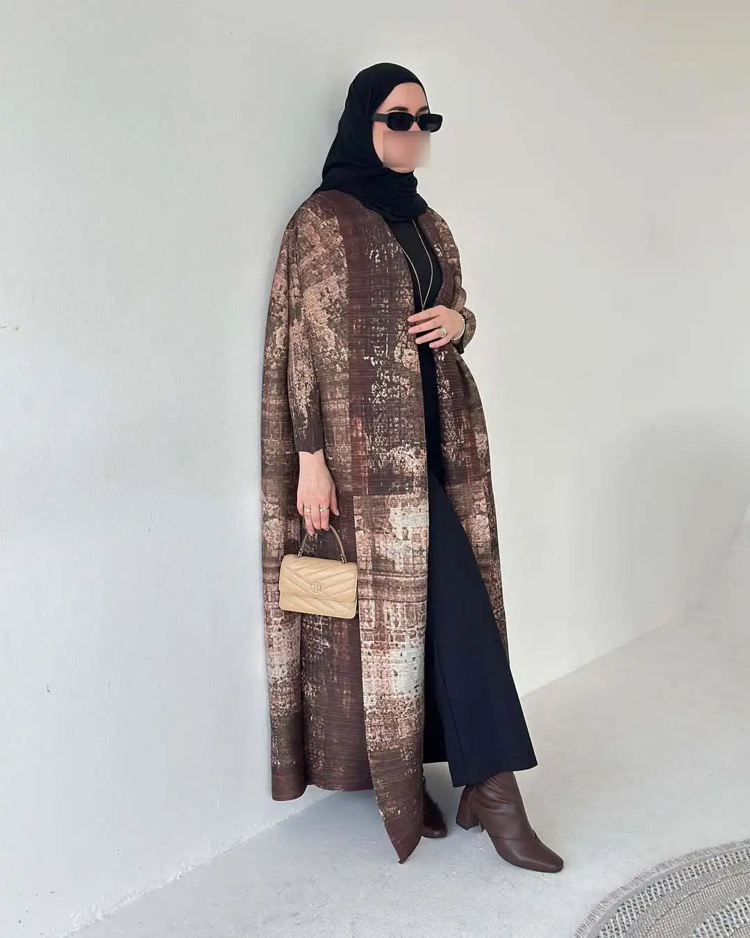Women's Fold Miyake Pleated Abaya Long Sleeve Print Foldable Collar Robe Cardigan Coat New Winter Fashion Original Design 2024