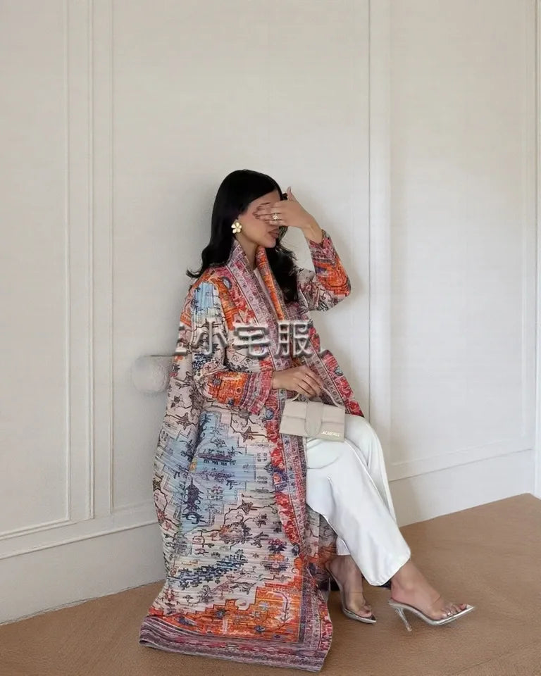 Women's Fold Miyake Pleated Abaya Long Sleeve Print Foldable Collar Robe Cardigan Coat New Winter Fashion Original Design 2024