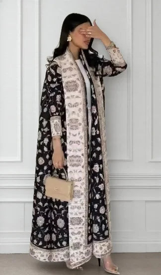 Women's Fold Miyake Pleated Abaya Long Sleeve Print Foldable Collar Robe Cardigan Coat New Winter Fashion Original Design 2024