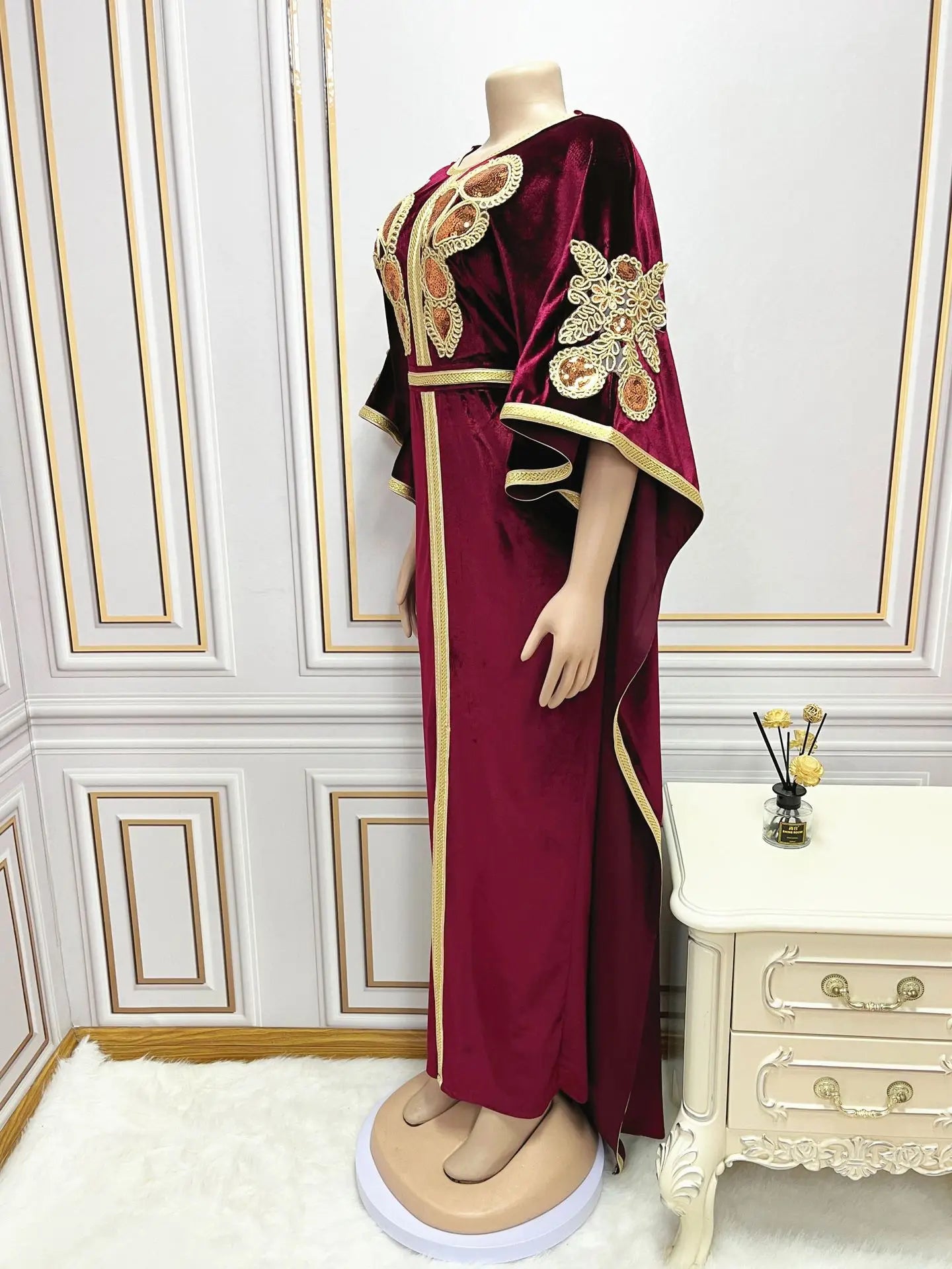 Luxury Velvet Dress with Embroidery Batwing Sleeves, Full-Length Elegance