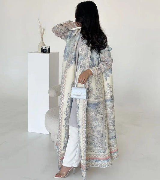 2025New ababa Miyake Pleated Vintage Printed Turn-down Collar Long Sleeve Long Jacket Women Designer Dubai Fashion