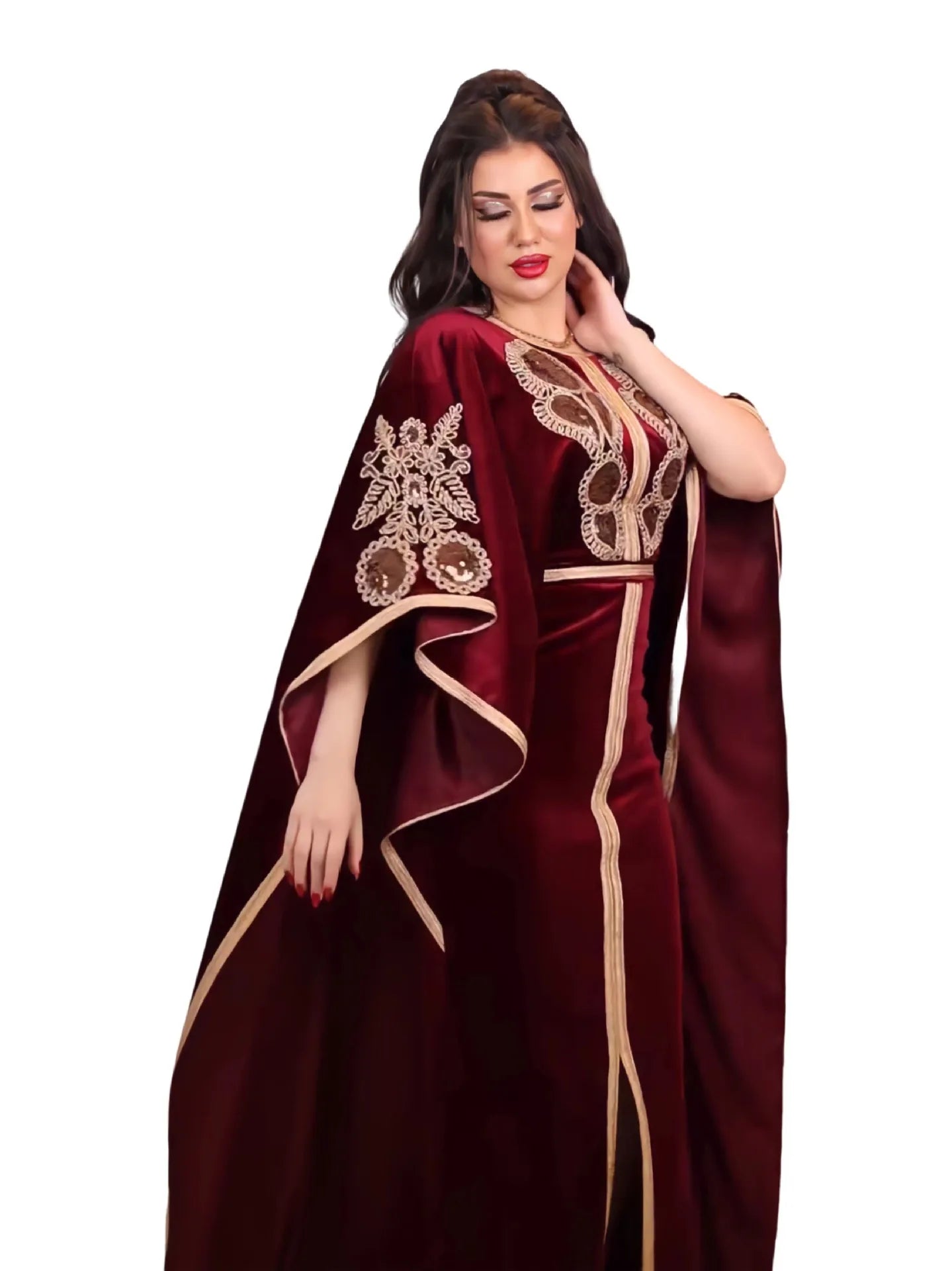 Luxury Velvet Dress with Embroidery Batwing Sleeves, Full-Length Elegance