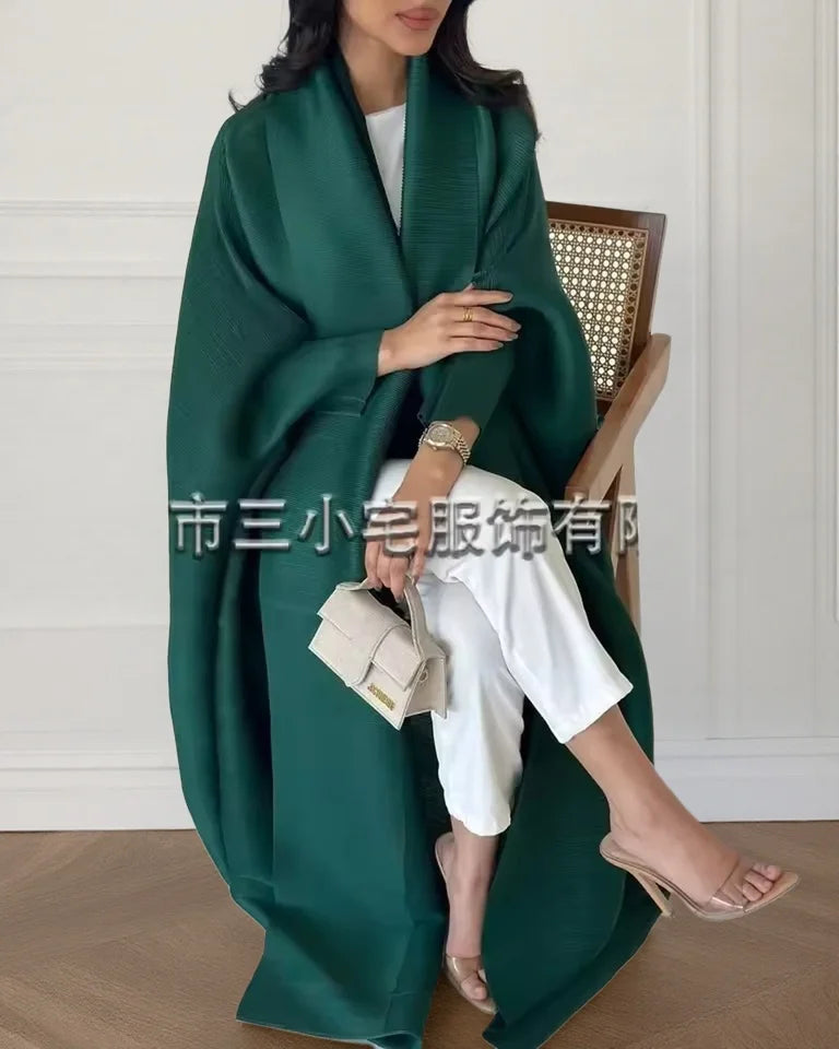 Women's Fold Miyake Pleated Abaya Long Sleeve Print Foldable Collar Robe Cardigan Coat New Winter Fashion Original Design 2024