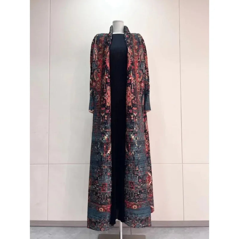 Pleated Muslim Abaya Long Sleeve Folded Neck Plus Size Designer Model Trench Coat Robe 2024 Autumn Winter New
