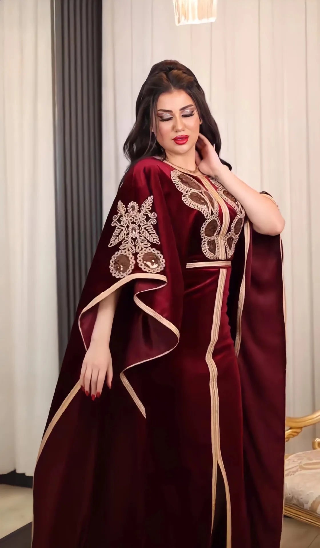 Luxury Velvet Dress with Embroidery Batwing Sleeves, Full-Length Elegance