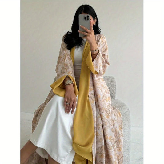 Middle Eastern Printed Floral Open Front Abaya Muslim Full Sleeve Loose Abayas Elegant Kaftan Women Jilbabs Islamic Maxi Dresses