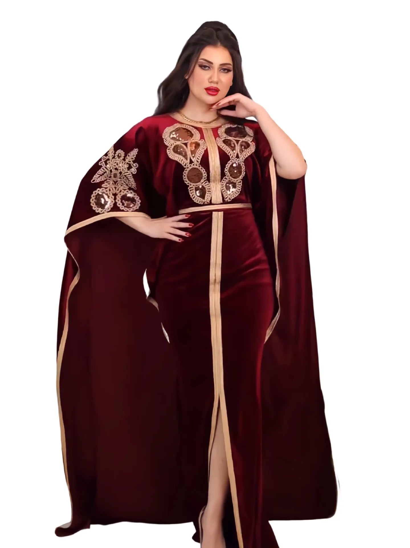 Luxury Velvet Dress with Embroidery Batwing Sleeves, Full-Length Elegance