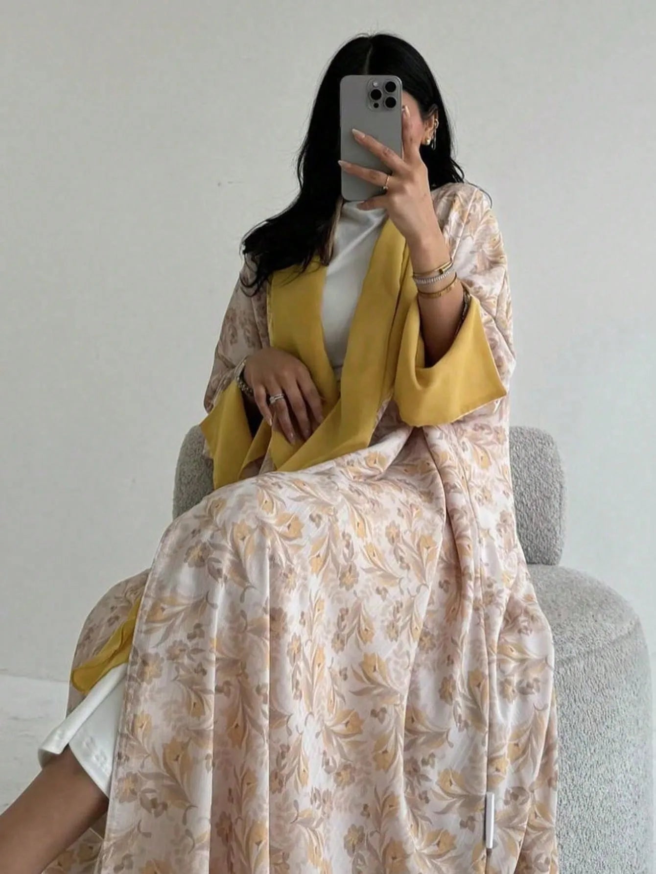 Middle Eastern Printed Floral Open Front Abaya Muslim Full Sleeve Loose Abayas Elegant Kaftan Women Jilbabs Islamic Maxi Dresses