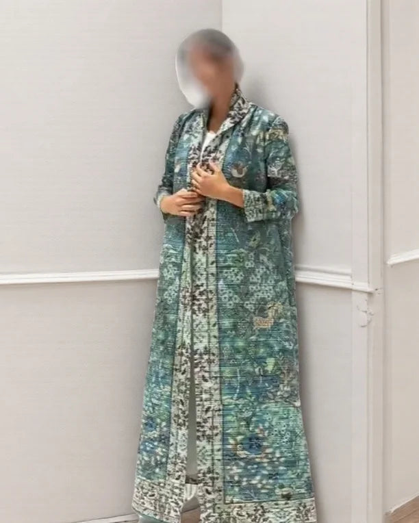 Women's Fold Miyake Pleated Abaya Long Sleeve Print Foldable Collar Robe Cardigan Coat New Winter Fashion Original Design 2024