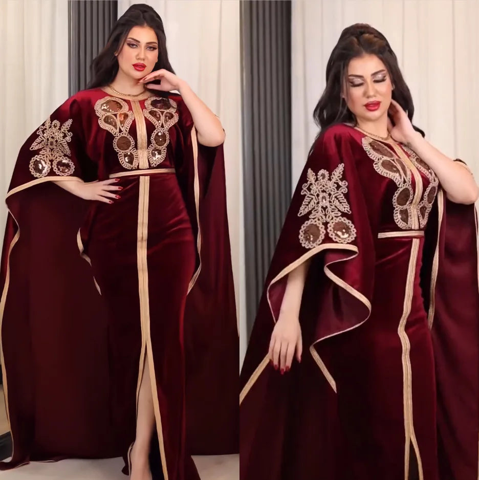 Luxury Velvet Dress with Embroidery Batwing Sleeves, Full-Length Elegance