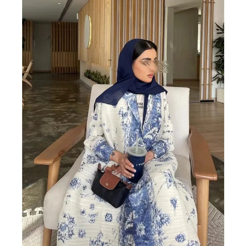 Fashion Saudi Women's Long Gown White Premium Printed Temperament Elegant Pleated Abaya Casual Peplum Holiday Dress Jacket