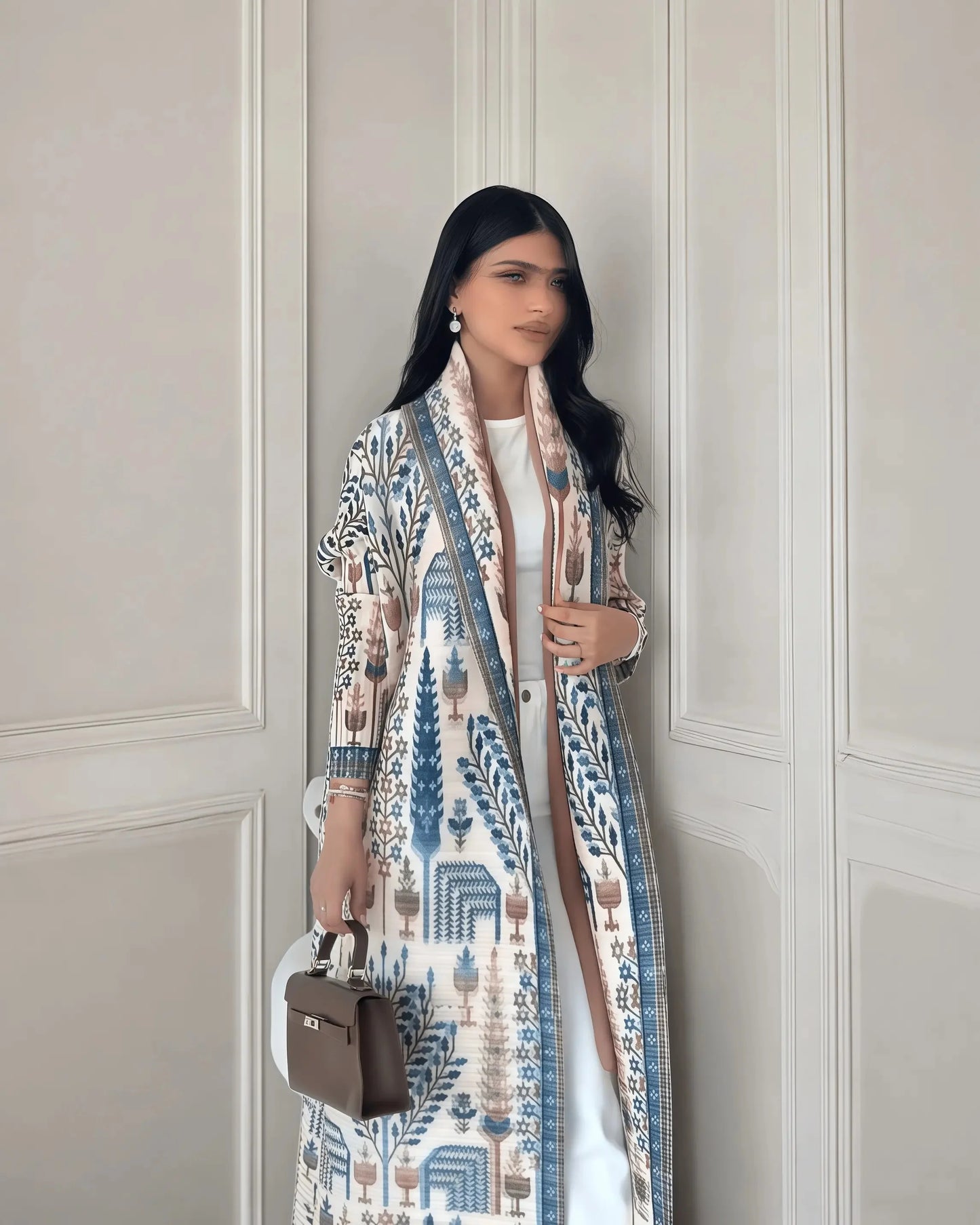 Women's Fold Miyake Pleated Abaya Long Sleeve Print Foldable Collar Robe Cardigan Coat New Winter Fashion Original Design 2024