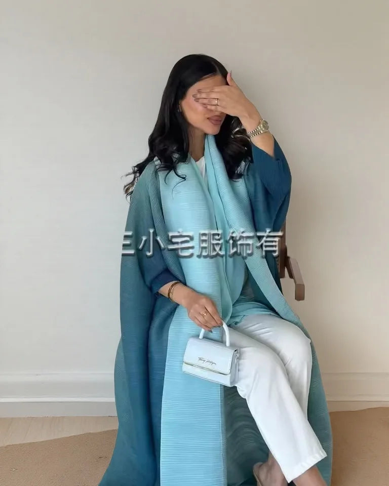 Women's Fold Miyake Pleated Abaya Long Sleeve Print Foldable Collar Robe Cardigan Coat New Winter Fashion Original Design 2024