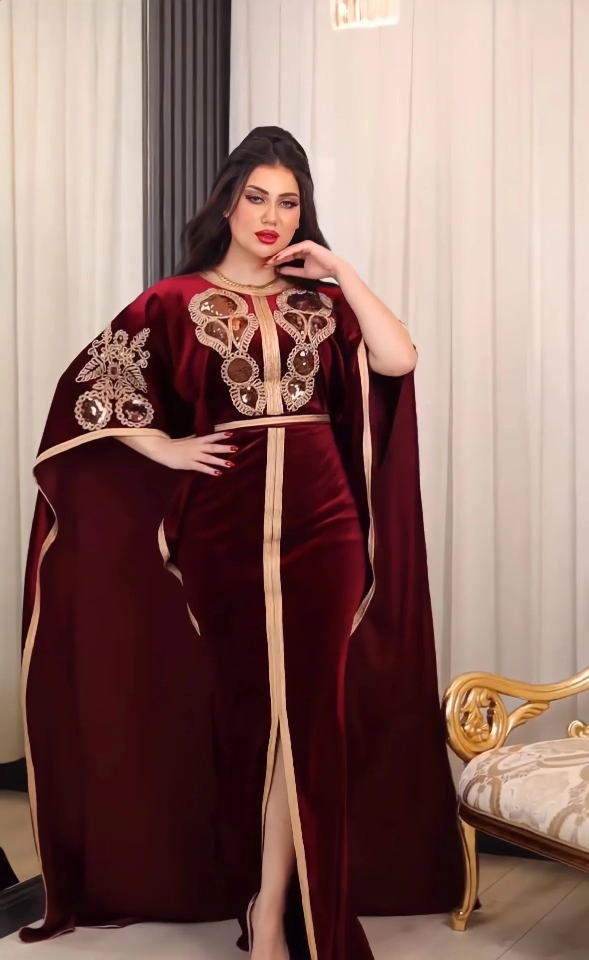 Luxury Velvet Dress with Embroidery Batwing Sleeves, Full-Length Elegance