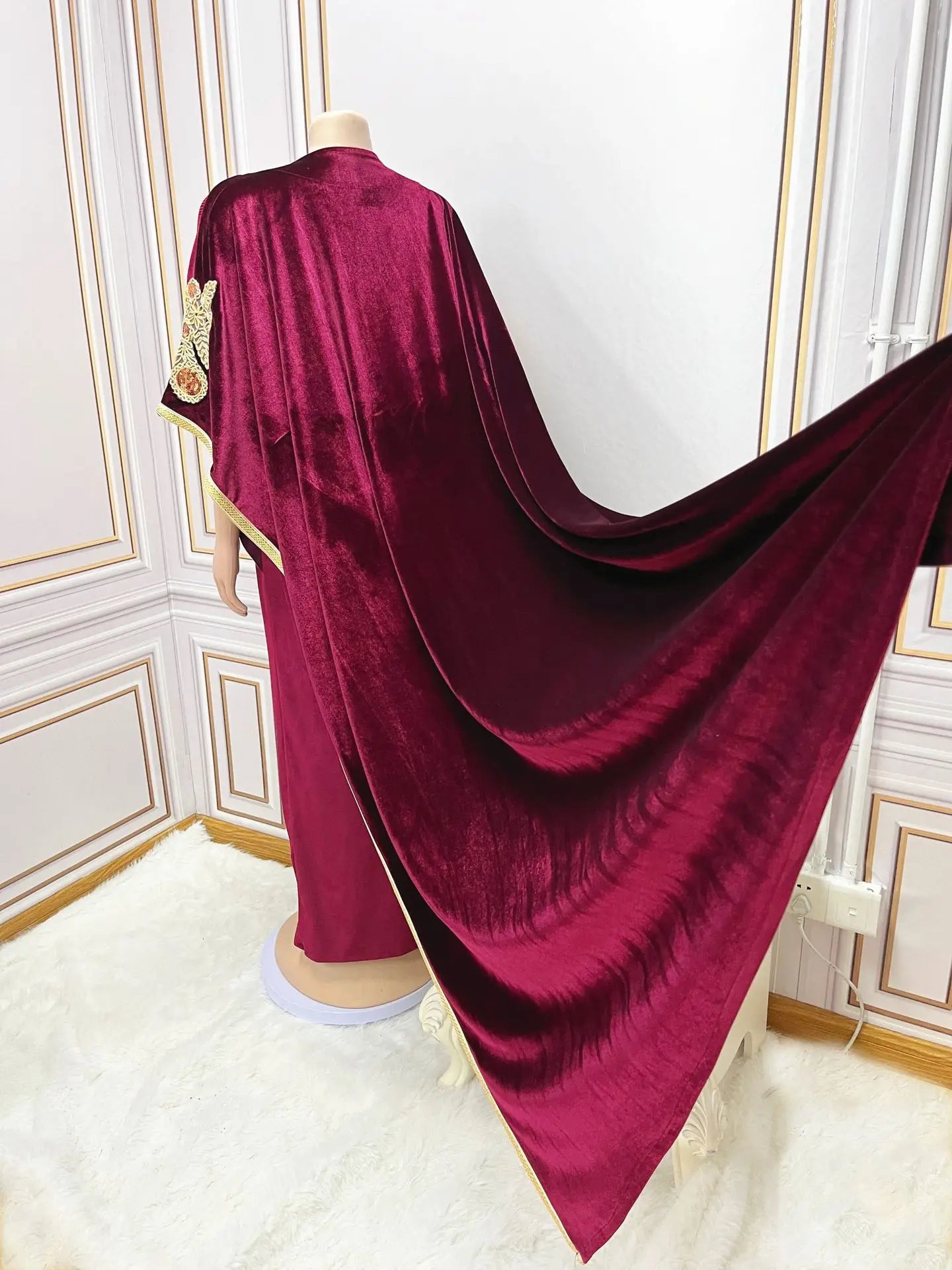 Luxury Velvet Dress with Embroidery Batwing Sleeves, Full-Length Elegance