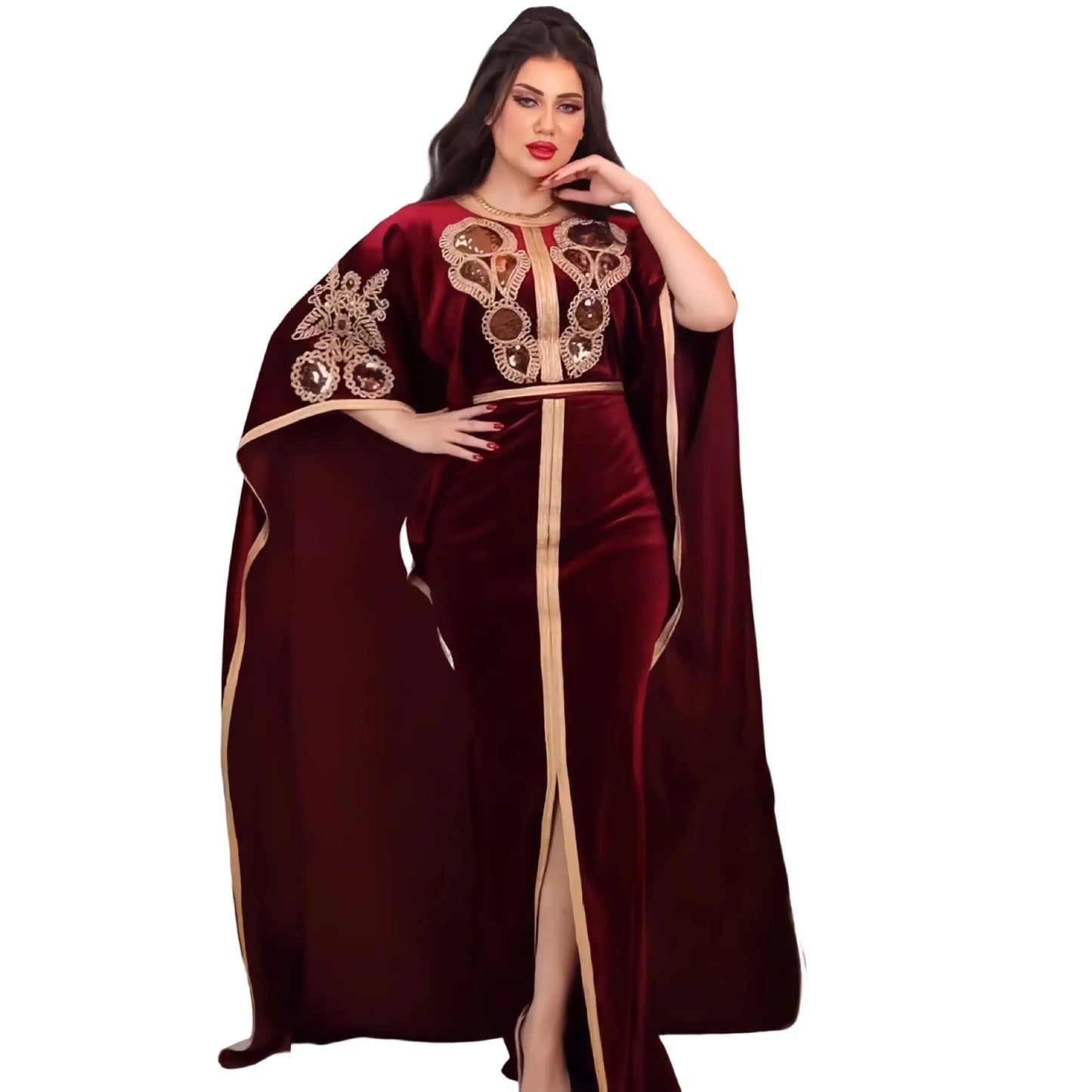 Luxury Velvet Dress with Embroidery Batwing Sleeves, Full-Length Elegance