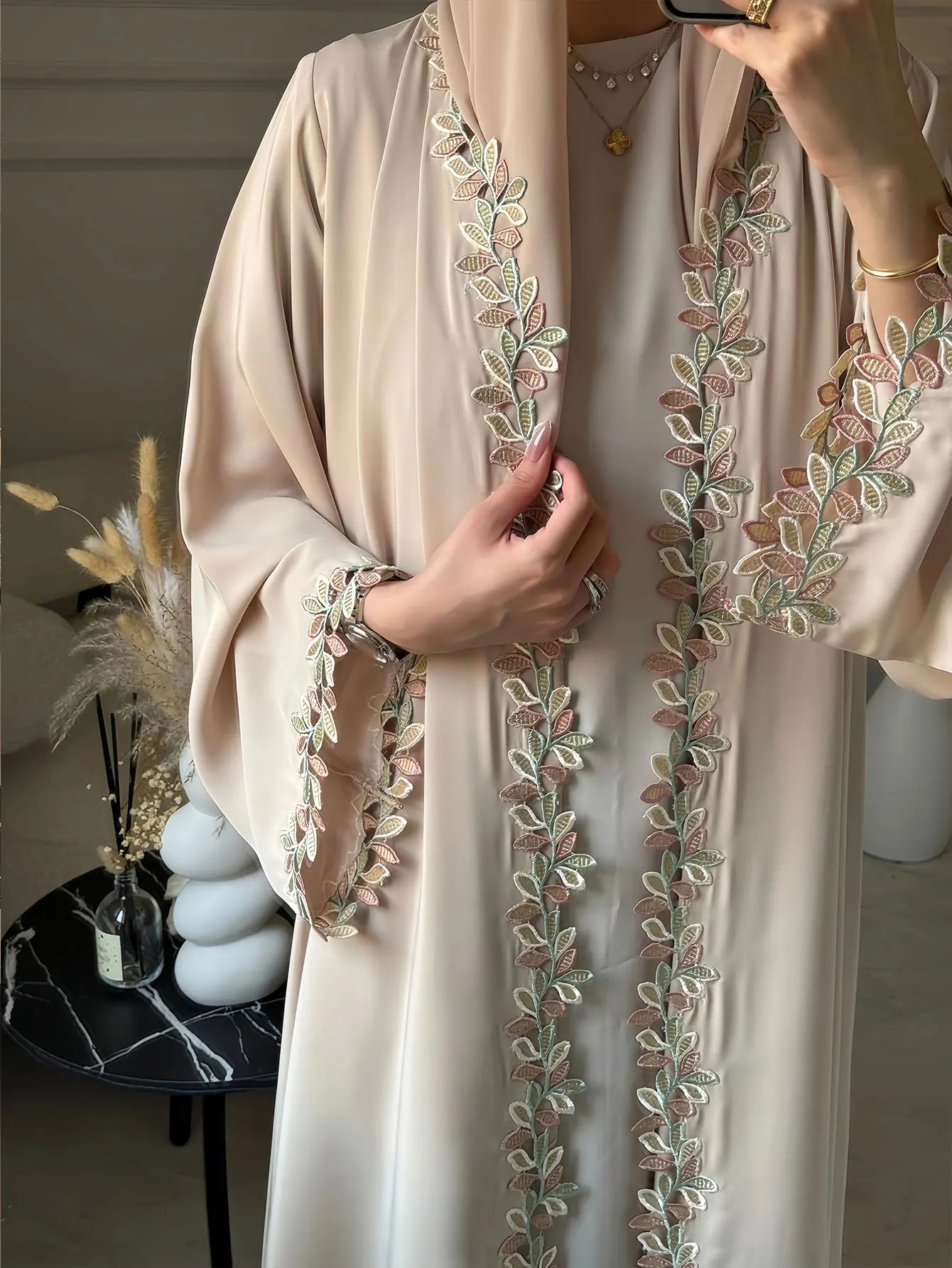 Dubai Elegant  Green Abaya for Muslim Women - Intricately Crafted with Multicolored Embroidery Piece in Islamic Modest Fashion