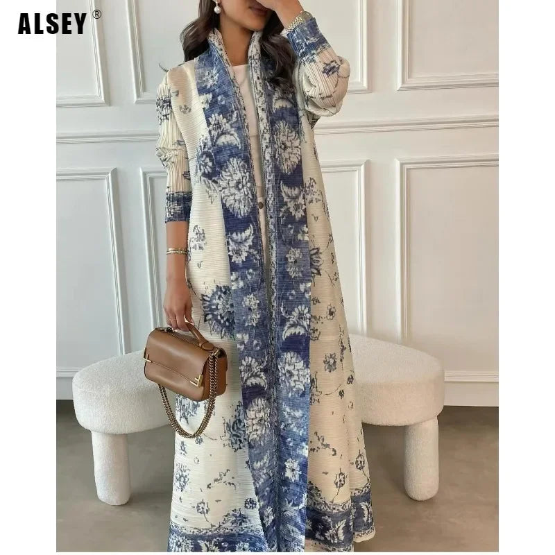 Fashion Saudi Women's Long Gown White Premium Printed Temperament Elegant Pleated Abaya Casual Peplum Holiday Dress Jacket