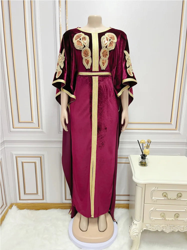 Luxury Velvet Dress with Embroidery Batwing Sleeves, Full-Length Elegance