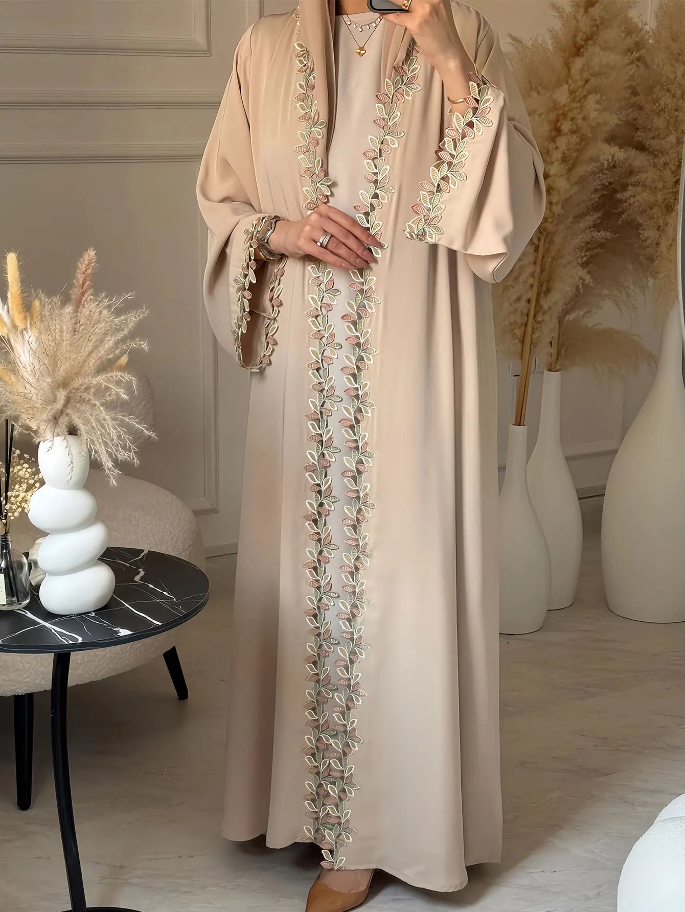 Dubai Elegant  Green Abaya for Muslim Women - Intricately Crafted with Multicolored Embroidery Piece in Islamic Modest Fashion