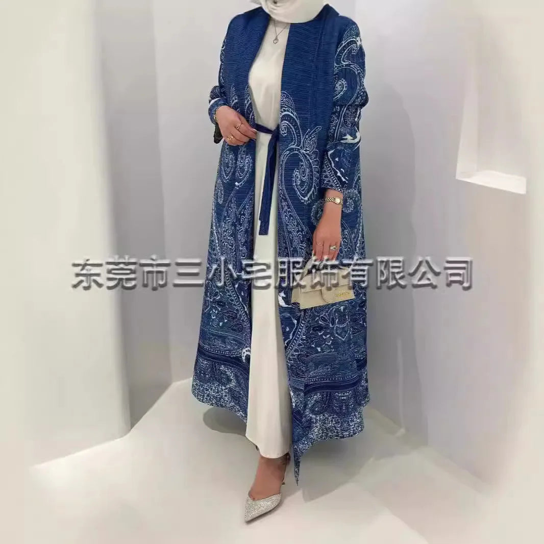 Women's Fold Miyake Pleated Abaya Long Sleeve Print Foldable Collar Robe Cardigan Coat New Winter Fashion Original Design 2024
