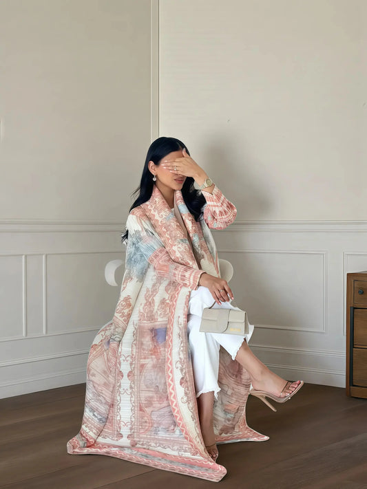 Retro Printed Long Abaya Coat