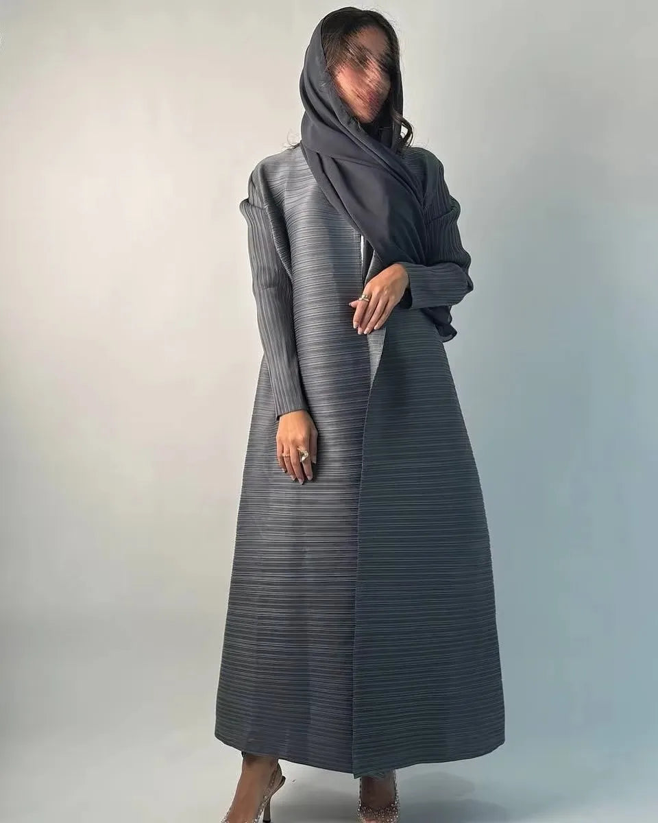 Women's Fold Miyake Pleated Abaya Long Sleeve Print Foldable Collar Robe Cardigan Coat New Winter Fashion Original Design 2024