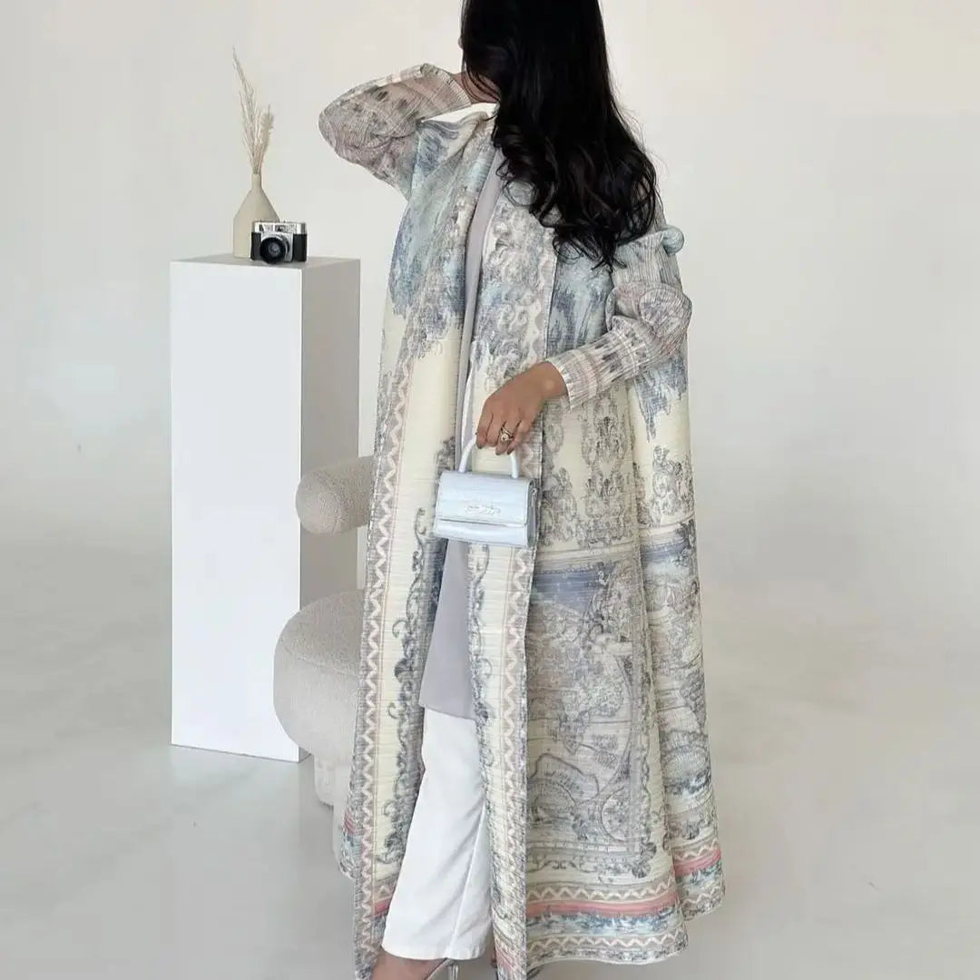 2025New ababa Miyake Pleated Vintage Printed Turn-down Collar Long Sleeve Long Jacket Women Designer Dubai Fashion