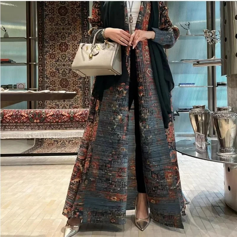 Pleated Muslim Abaya Long Sleeve Folded Neck Plus Size Designer Model Trench Coat Robe 2024 Autumn Winter New