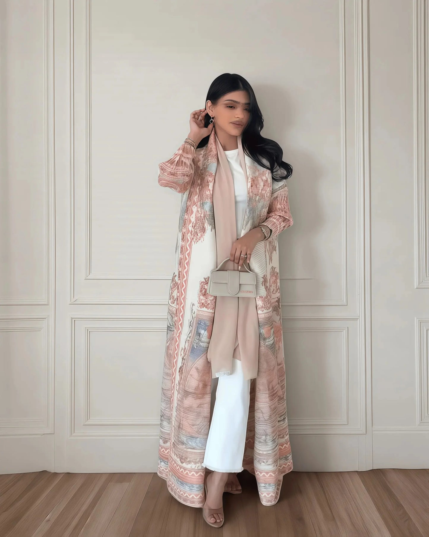Retro Printed Long Abaya Coat