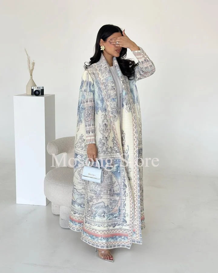 2025New ababa Miyake Pleated Vintage Printed Turn-down Collar Long Sleeve Long Jacket Women Designer Dubai Fashion