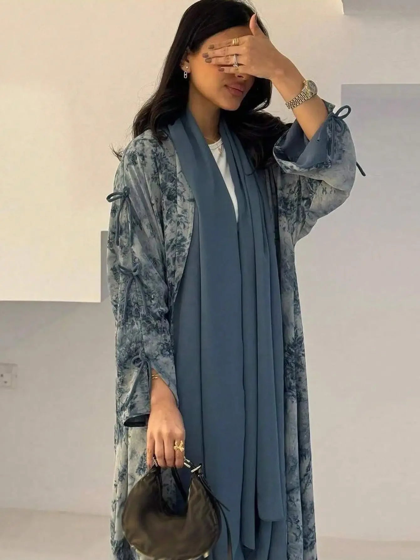 Middle Eastern Women cardigan Loose Tie Dye Abayas Casual Kaftan Arabian Maxi Dress Full Sleeve Open Front Jilbabs Without Hajib