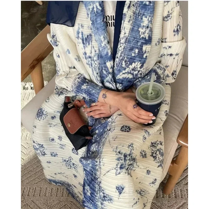 Fashion Saudi Women's Long Gown White Premium Printed Temperament Elegant Pleated Abaya Casual Peplum Holiday Dress Jacket