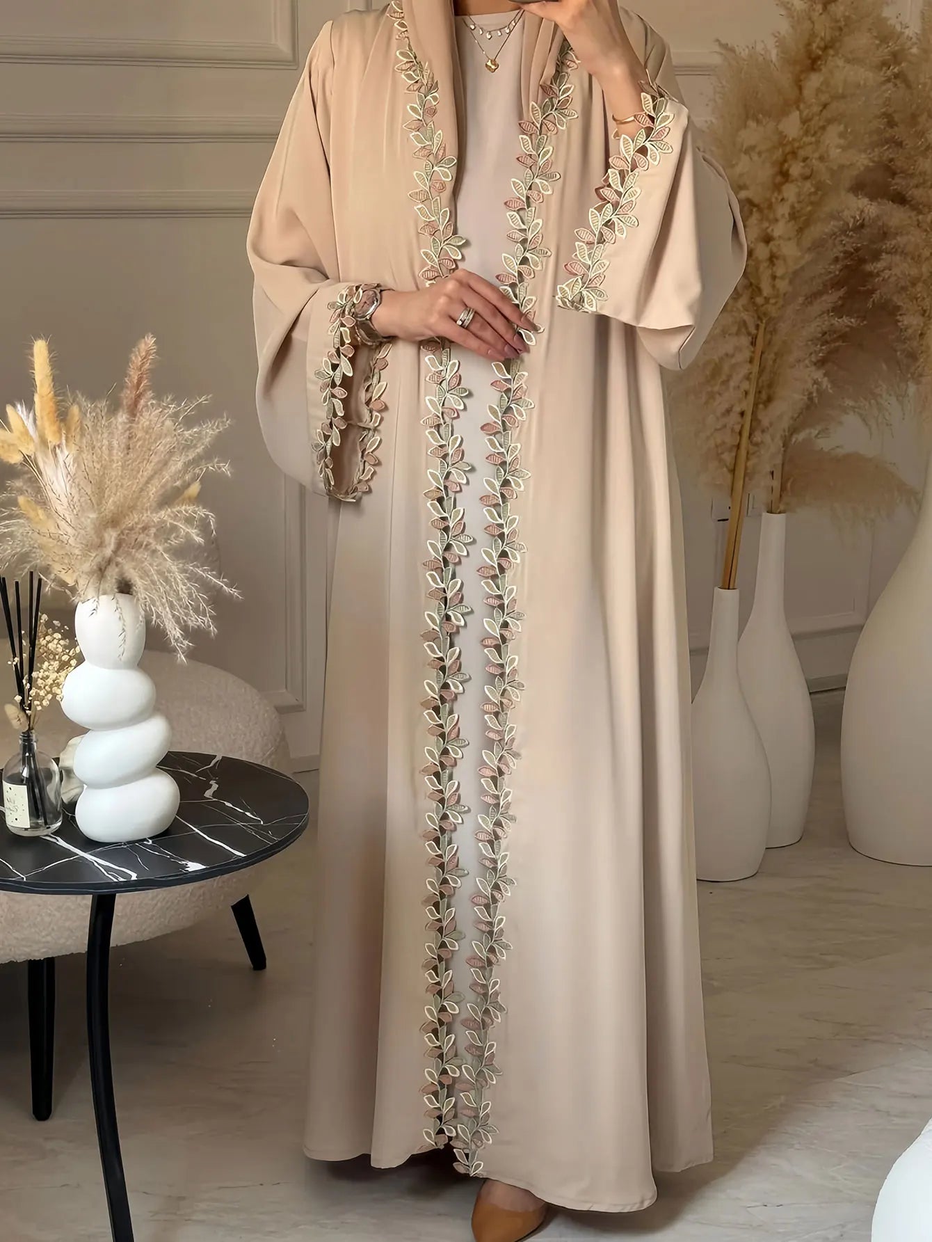 Dubai Elegant  Green Abaya for Muslim Women - Intricately Crafted with Multicolored Embroidery Piece in Islamic Modest Fashion