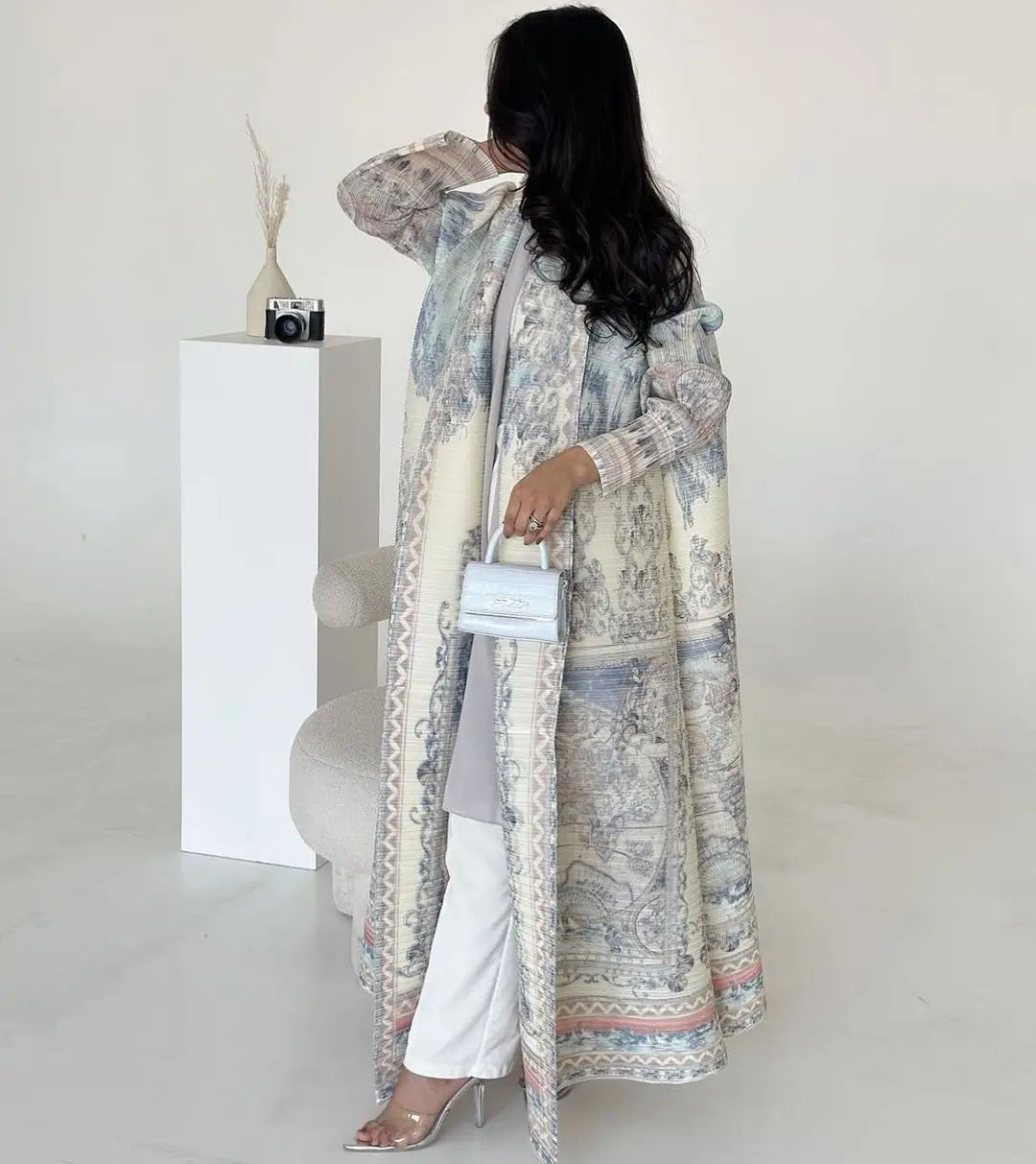 2025New ababa Miyake Pleated Vintage Printed Turn-down Collar Long Sleeve Long Jacket Women Designer Dubai Fashion