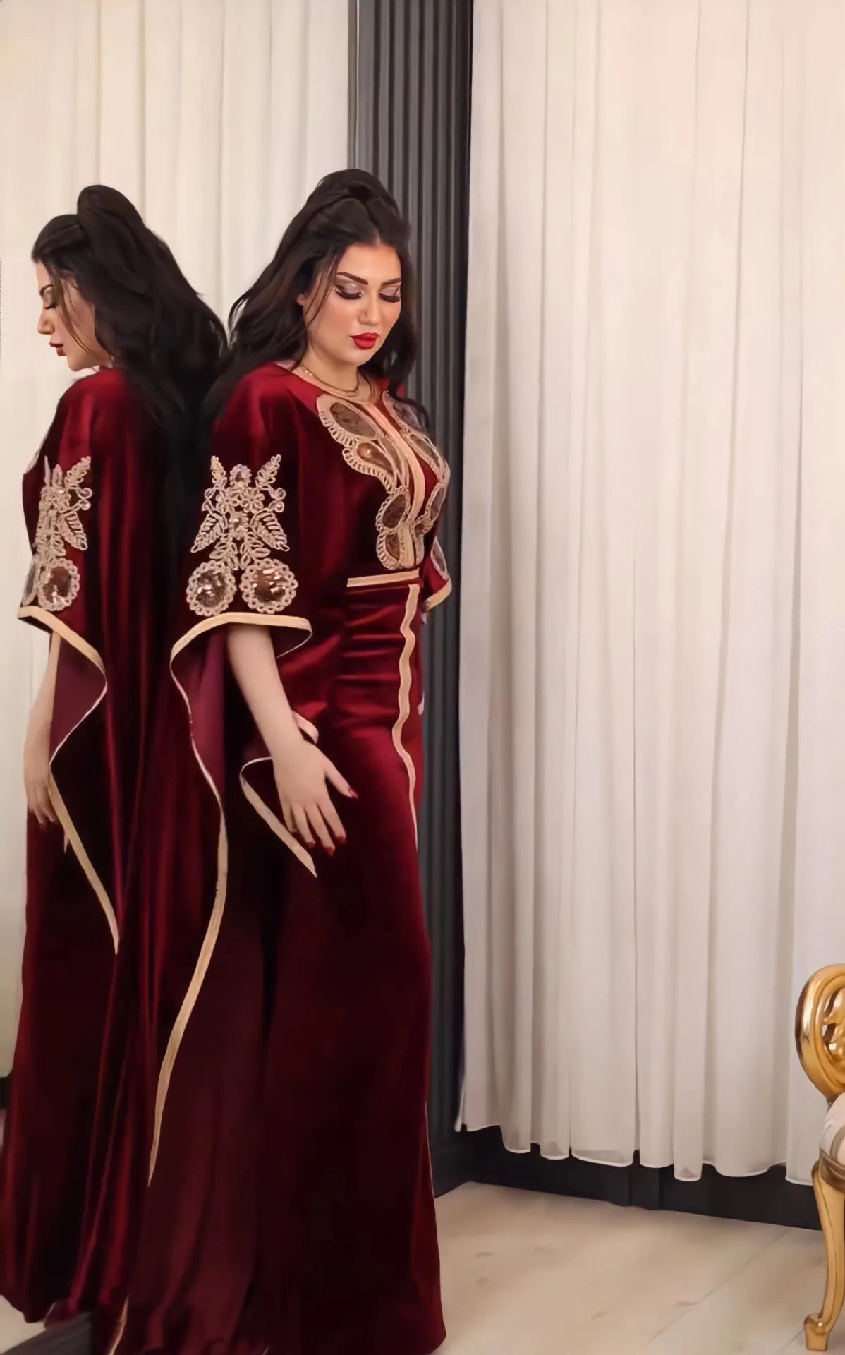 Luxury Velvet Dress with Embroidery Batwing Sleeves, Full-Length Elegance