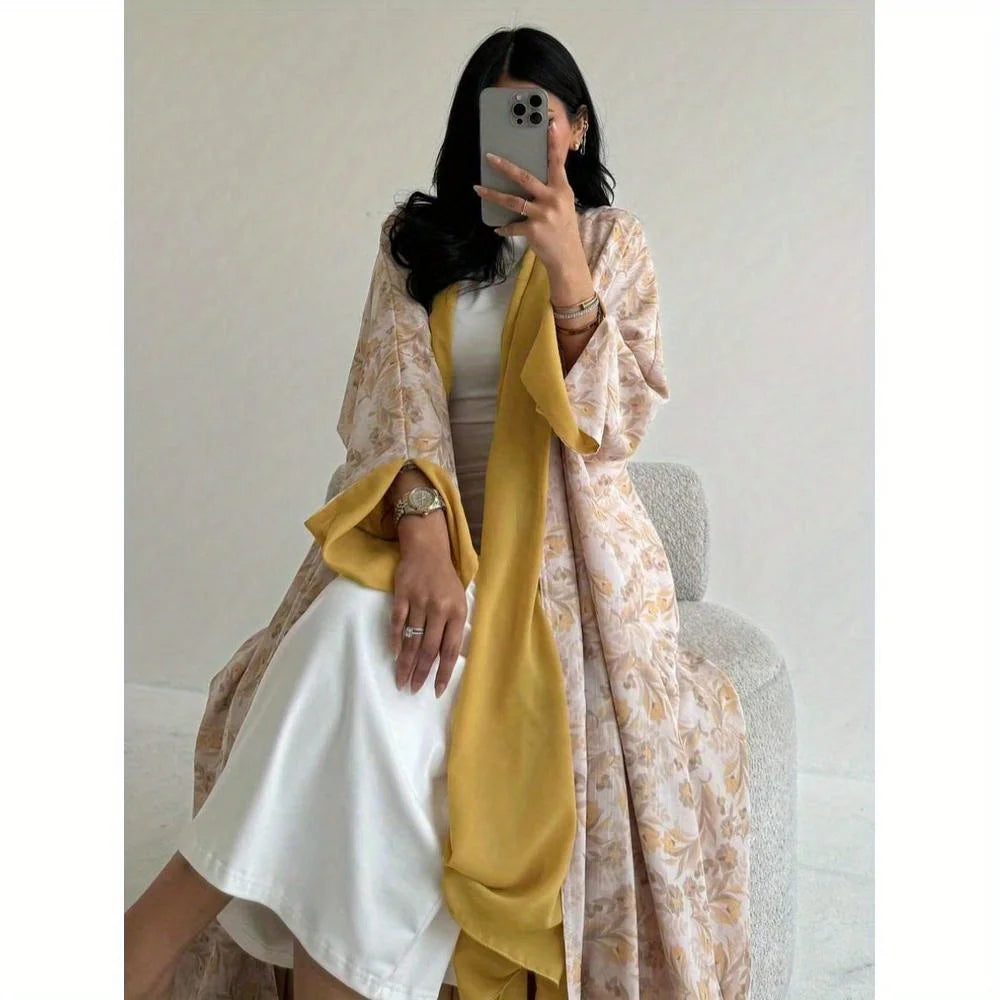 Middle Eastern Printed Floral Open Front Abaya Muslim Full Sleeve Loose Abayas Elegant Kaftan Women Jilbabs Islamic Maxi Dresses