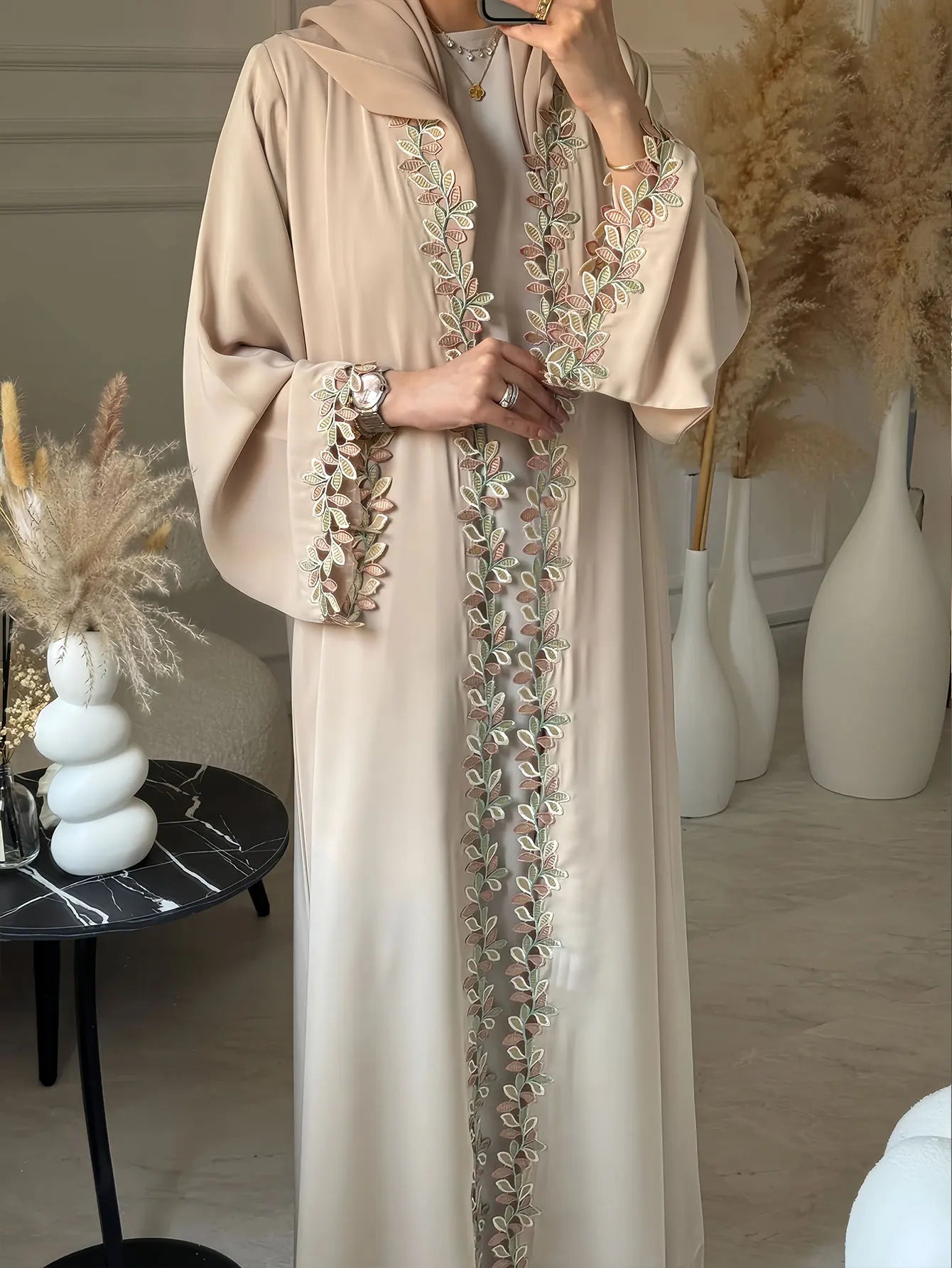 Dubai Elegant  Green Abaya for Muslim Women - Intricately Crafted with Multicolored Embroidery Piece in Islamic Modest Fashion