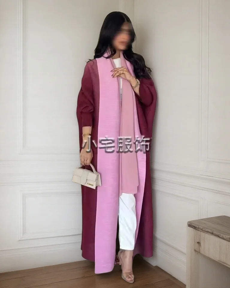 Women's Fold Miyake Pleated Abaya Long Sleeve Print Foldable Collar Robe Cardigan Coat New Winter Fashion Original Design 2024