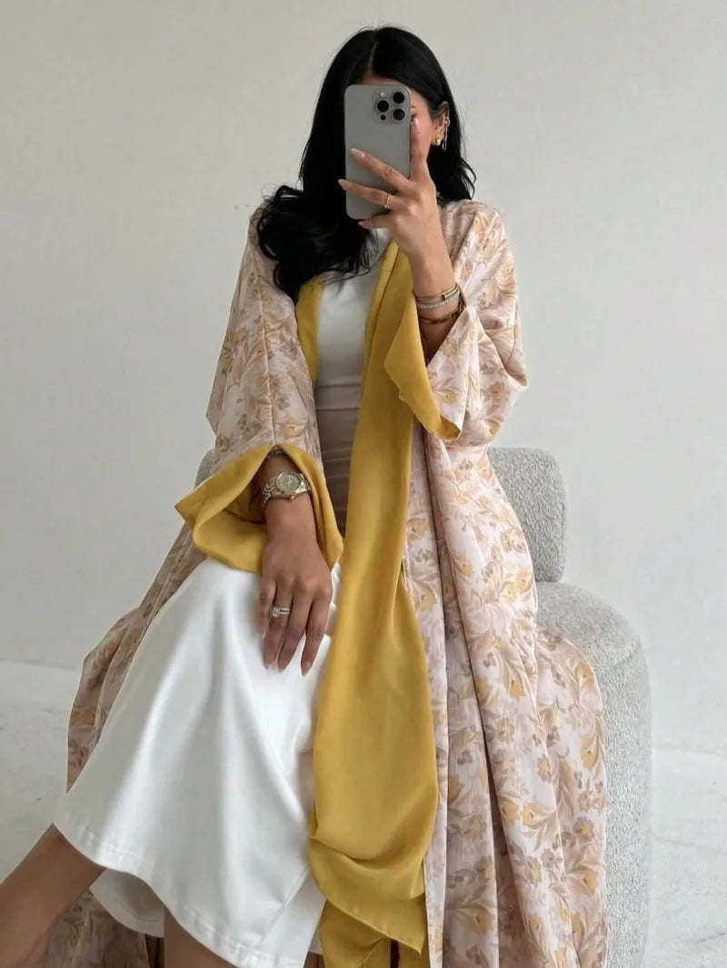 Middle Eastern Printed Floral Open Front Abaya Muslim Full Sleeve Loose Abayas Elegant Kaftan Women Jilbabs Islamic Maxi Dresses