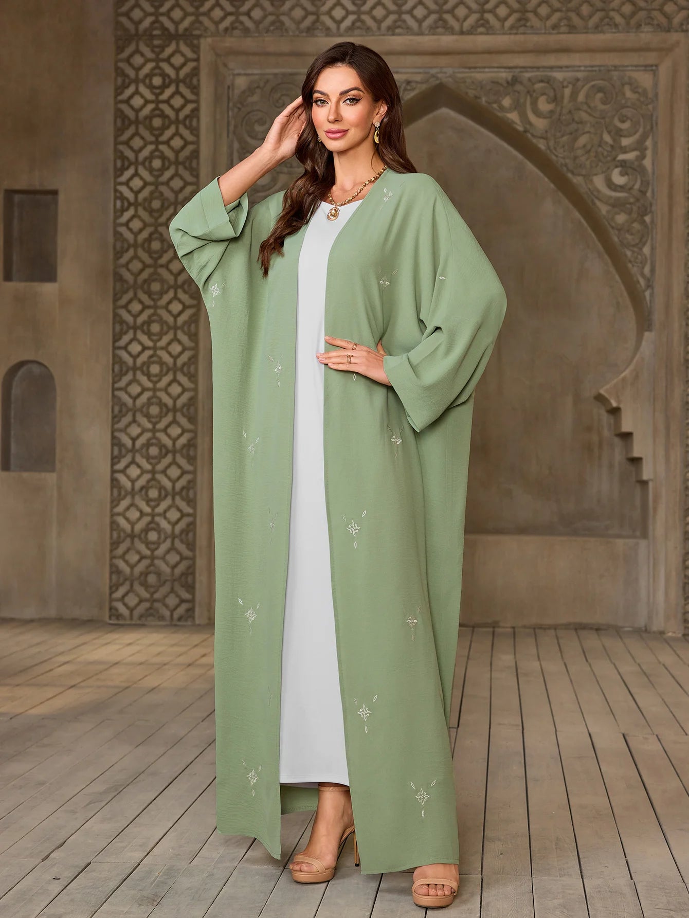 Elegant Light Green Open Abaya with White Embroidery